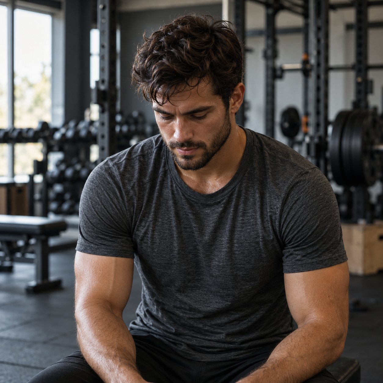 Athlete resting between sets in a strength-training gym