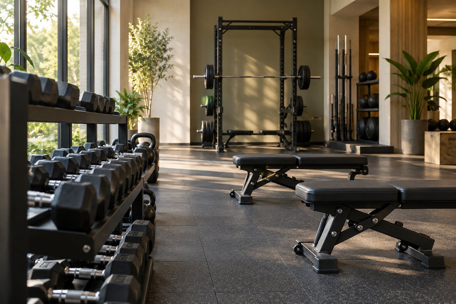 Sunlit gym with dumbbells, benches and a squat rack